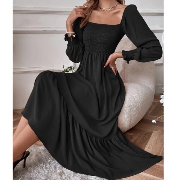 Boho black shirted ruffle hem flounce sleeve maxi dress - Picture 1 of 16